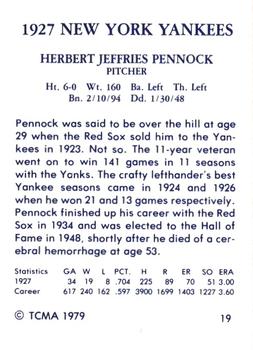 1979 TCMA 1927 New York Yankees #19 Herb Pennock Back