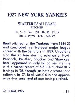 1979 TCMA 1927 New York Yankees #31 Walter Beall Back
