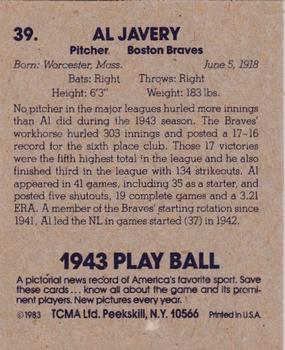 1983 TCMA 1943 Play Ball #39 Al Javery Back
