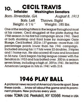 1984 TCMA 1946 Play Ball #10 Cecil Travis Back