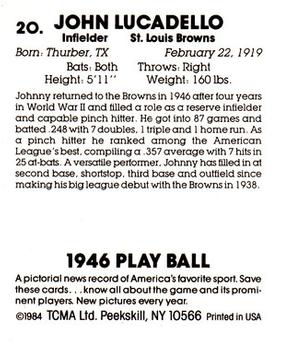 1984 TCMA 1946 Play Ball #20 John Lucadello Back