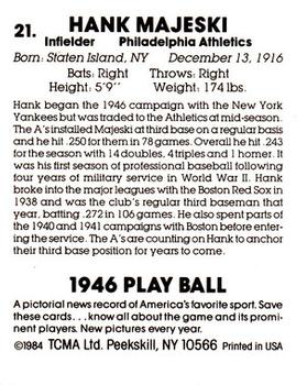 1984 TCMA 1946 Play Ball #21 Hank Majeski Back