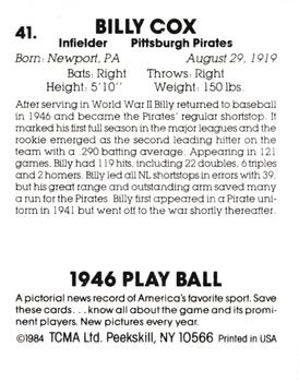 1984 TCMA 1946 Play Ball #41 Billy Cox Back