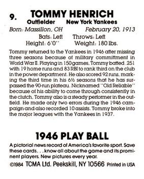 1984 TCMA 1946 Play Ball #9 Tommy Henrich Back