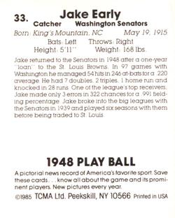1985 TCMA 1948 Play Ball #33 Jake Early Back