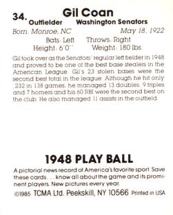 1985 TCMA 1948 Play Ball #34 Gil Coan Back