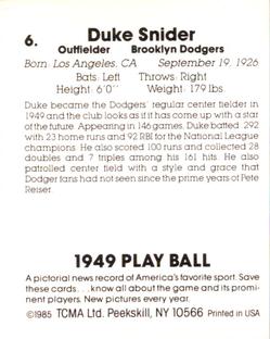 1985 TCMA 1949 Play Ball #6 Duke Snider Back
