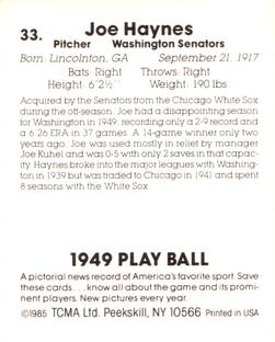 1985 TCMA 1949 Play Ball #33 Joe Haynes Back