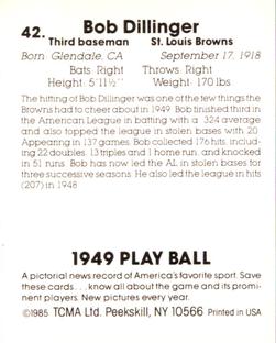 1985 TCMA 1949 Play Ball #42 Bob Dillinger Back