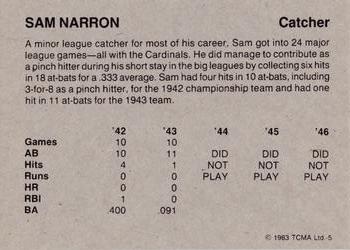 1983 TCMA 1942-46 St. Louis Cardinals #5 Sam Narron Back