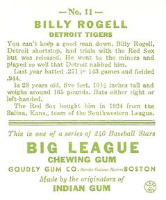 1983 Galasso 1933 Goudey Reprint #11 Billy Rogell Back