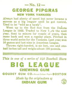 1983 Galasso 1933 Goudey Reprint #12 George Pipgras Back