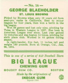 1983 Galasso 1933 Goudey Reprint #16 George Blaeholder Back