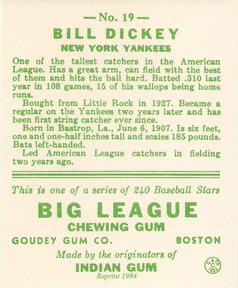 1983 Galasso 1933 Goudey Reprint #19 Bill Dickey Back