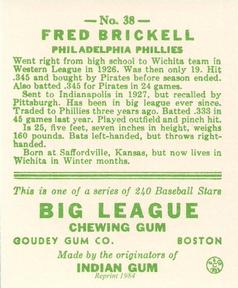 1983 Galasso 1933 Goudey Reprint #38 Fred Brickell Back
