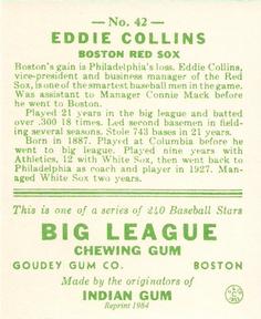 1983 Galasso 1933 Goudey Reprint #42 Eddie Collins Back