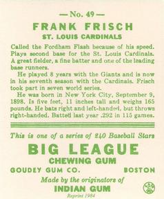 1983 Galasso 1933 Goudey Reprint #49 Frankie Frisch Back