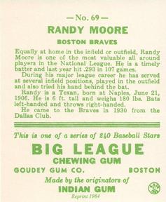 1983 Galasso 1933 Goudey Reprint #69 Randy Moore Back