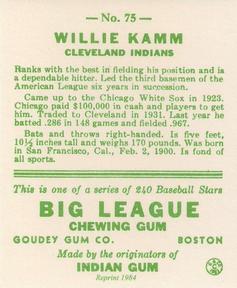 1983 Galasso 1933 Goudey Reprint #75 Willie Kamm Back