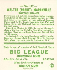 1983 Galasso 1933 Goudey Reprint #117 Rabbit Maranville Back