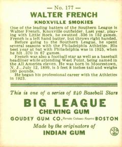 1983 Galasso 1933 Goudey Reprint #177 Walter French Back
