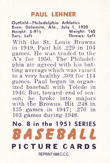 1986 Card Collectors 1951 Bowman (Reprint) #8 Paul Lehner Back