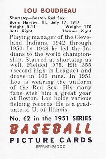 1986 Card Collectors 1951 Bowman (Reprint) #62 Lou Boudreau Back