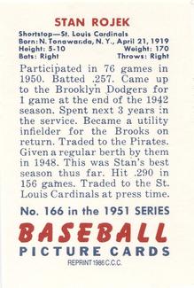 1986 Card Collectors 1951 Bowman (Reprint) #166 Stan Rojek Back