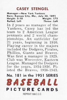 1986 Card Collectors 1951 Bowman (Reprint) #181 Casey Stengel Back