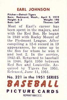 1986 Card Collectors 1951 Bowman (Reprint) #321 Earl Johnson Back