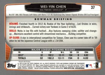 2013 Bowman Chrome #37 Wei-Yin Chen Back