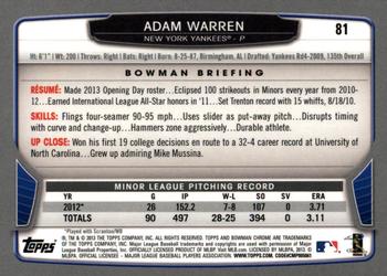 2013 Bowman Chrome #81 Adam Warren Back