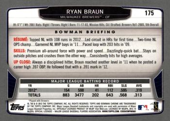 2013 Bowman Chrome #175 Ryan Braun Back