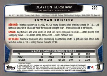 2013 Bowman Chrome #220 Clayton Kershaw Back