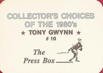 1987 The Press Box Collector's Choices of the 1980's (unlicensed) #10 Tony Gwynn Back