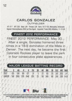 2013 Finest #12 Carlos Gonzalez Back