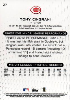 2013 Finest #27 Tony Cingrani Back