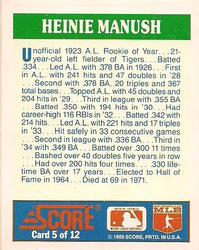 1989 Score Hottest 100 Rising Stars - Rookies to Remember #5 Heinie Manush Back
