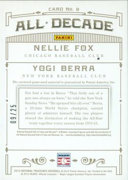 2012 Panini National Treasures - All Decade Combo Materials #9 Nellie Fox / Yogi Berra Back
