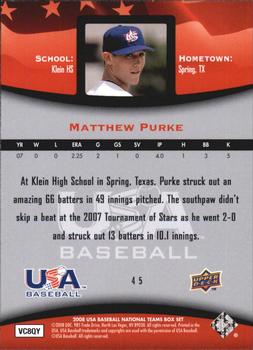 2008 Upper Deck USA Baseball Box Set #45 Matthew Purke Back