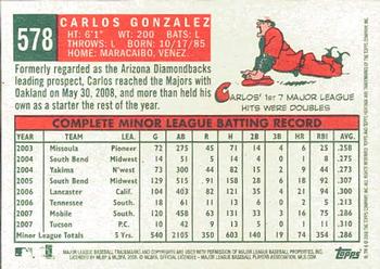 2008 Topps Heritage #578 Carlos Gonzalez Back