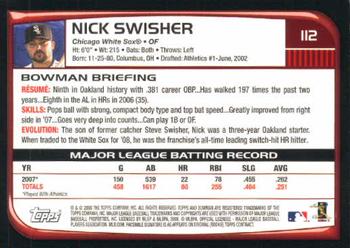 2008 Bowman #112 Nick Swisher Back