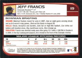 2008 Bowman #119 Jeff Francis Back