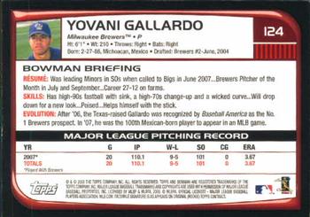 2008 Bowman #124 Yovani Gallardo Back