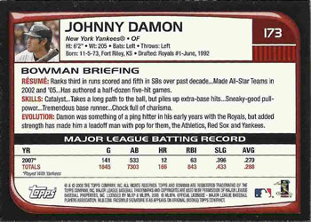 2008 Bowman #173 Johnny Damon Back