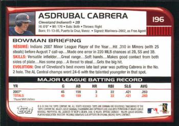 2008 Bowman #196 Asdrubal Cabrera Back