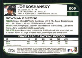 2008 Bowman #206 Joe Koshansky Back