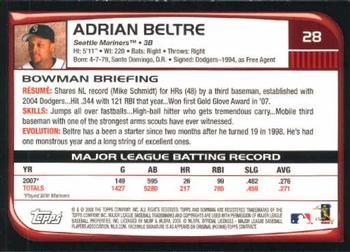 2008 Bowman #28 Adrian Beltre Back