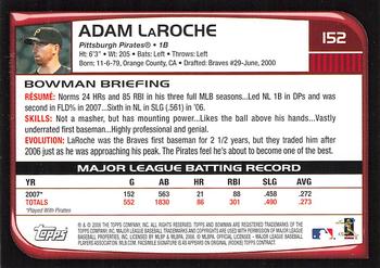 2008 Bowman #152 Adam LaRoche Back