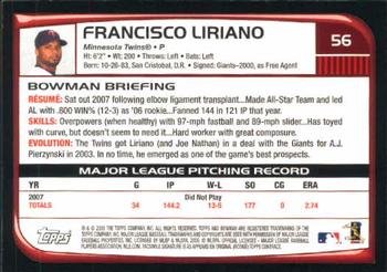 2008 Bowman #56 Francisco Liriano Back